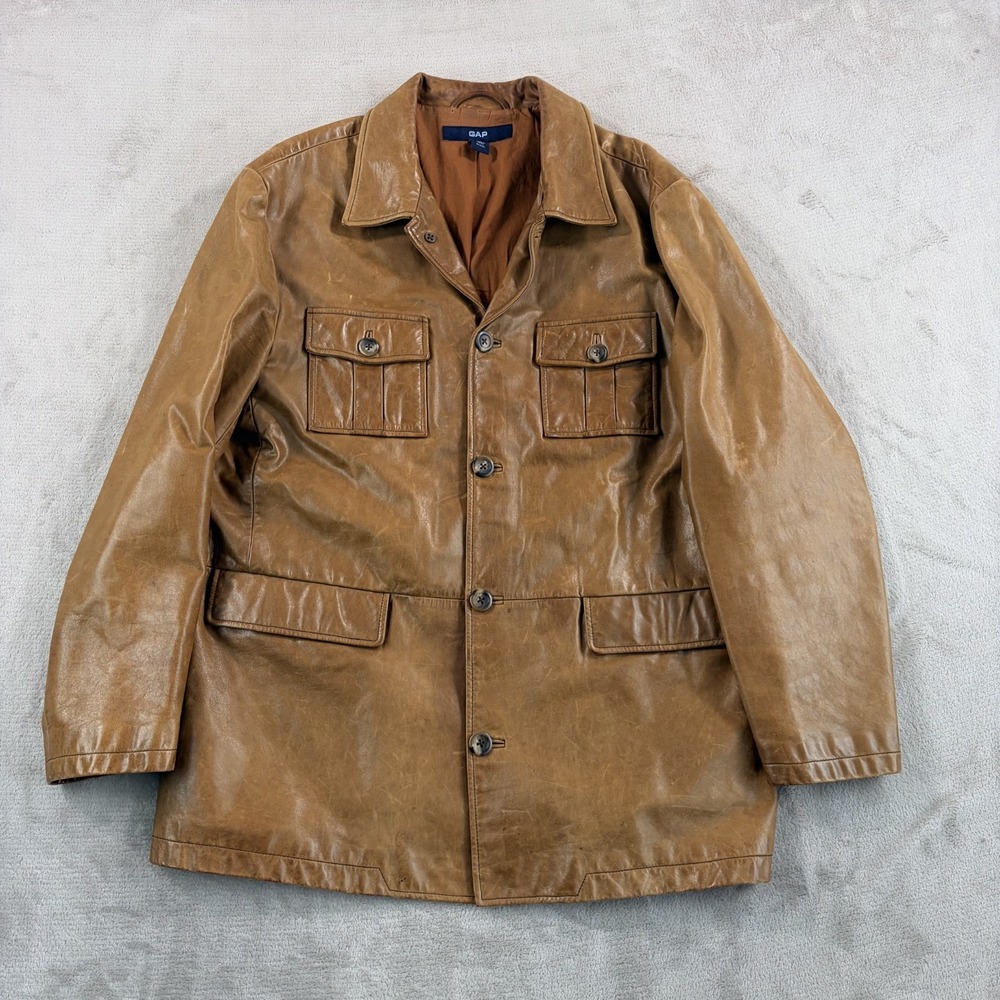 Vintage Gap Leather Coat Jacket in Brown Men Large Lined Flap Chore Pockets Y2K
